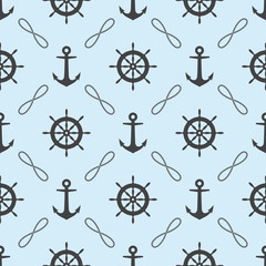 Seamless pattern with ropes, anchors and rudder. Marine theme.