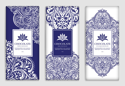 Blue and white vector set of chocolate bar packaging design. Luxury vintage template with ornament elements. Can be used for background and wallpaper. Great for food and drink package types.