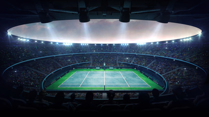 Illuminated blue tennis court stadium with fans at evening upper side view, professional tennis sport 3D illustration background