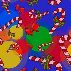New Year Seamless Pattern with  candy canes and bows. Vector illustration. 