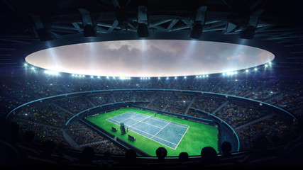 Illuminated blue tennis court stadium with fans at evening upper view, professional tennis sport 3D illustration background