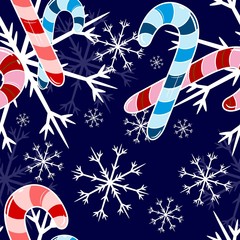 New Year Seamless Pattern with  candy canes and snowflakes,. Vector illustration. 