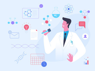 Scientist holding beaker flat vector illustration