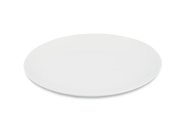 Empty white ceramic plate (dish) isolated on white background.