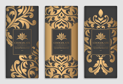 Gold and black packaging design of chocolate bars. Vintage vector ornament template. legant, classic elements. Great for food, drink and other package types. Can be used for background and wallpaper.