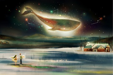 Whales, Girls, Illustrations, Fantasies, Dreams, Fairy Tales, Girls, Little Fresh, Literature and Art, Fantasy, Winter, Love, Confession, Night, Stars, Meteors, Dipper, Arctic, Antarctic, Winter, Wint