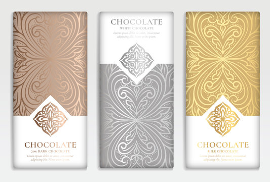 Golden vintage set of chocolate bar packaging design. Vector luxury template with ornament elements. Can be used for background and wallpaper. Great for food and drink package types.