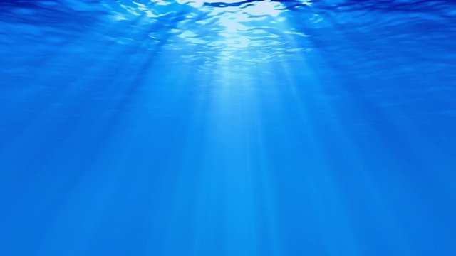 Underwater blue ocean waves ripple and flow with light rays. Seamless loop