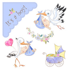 Set of illustrations for the birth of a boy. Stork with baby. Baby shower. Vector.