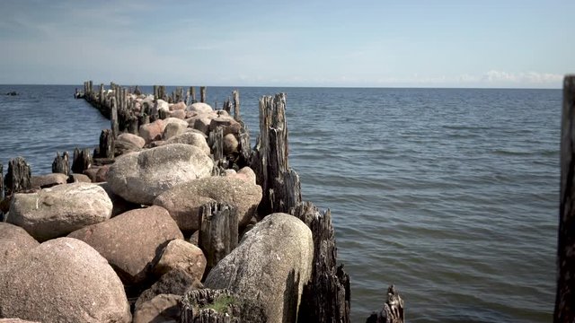 Large stones on the old Baltic dam to protect the bay from storms