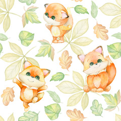 The Fox is cute. Forest red Fox, on the background of autumn leaves. Seamless pattern, watercolor.