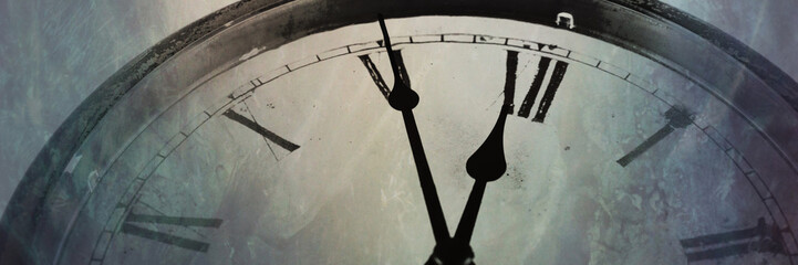 Panoramic image Retro clock with five minutes before twelve