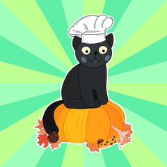 cute cartoon cat sit on pumpkin in chef's hat, happy thanksgiving day greeting card, editable vector illustration