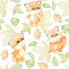 The Fox is cute. Forest red Fox, on the background of autumn leaves. Seamless pattern, watercolor.