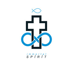 Everlasting Christian Belief in God vector creative symbol design, combined with infinity endless loop and Christian Cross, vector logo or sign.