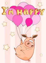 Foto op Plexiglas Happy Birthday Card Little Pig with  Balloons. Vector Greeting Card. Happy Moment. Congratulation © liusa