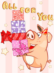 Happy Birthday Card Little Pig with Gift Boxs. Vector Greeting Card. Happy Moment. Congratulation