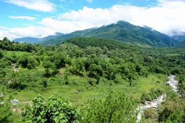 Fototapeta na wymiar beatiful view mountain forest hill sky and river.