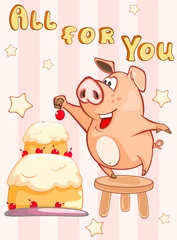 Foto op Plexiglas Happy Birthday Card Little Pig with Gift Pie . Vector Greeting Card. Happy Moment. Congratulation © liusa