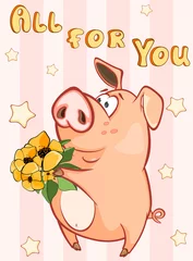 Foto op Plexiglas Happy Birthday Card Little Pig with Gift Flowers. Vector Greeting Card. Happy Moment. Congratulation © liusa
