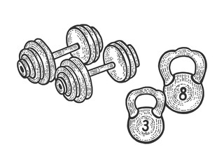 Sport equipment barbell and weights dumbbell sketch engraving vector illustration. Scratch board style imitation. Black and white hand drawn image.