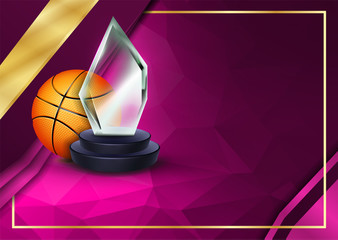 Basketball Certificate Diploma With Glass Trophy Vector. Sport Award Template. Achievement Design. Honor Background. A4 Horizontal. Illustration