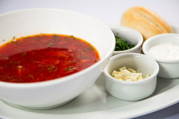 borscht with sour cream. Russian cuisine