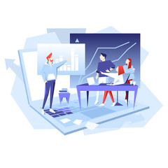 Teamwork business vector flat illustration. Man point on chart. Banner logo template for the website or app infographic.