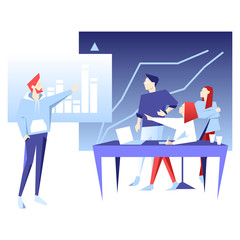 Teamwork business vector flat illustration. Man point on chart. Banner logo template for the website or app infographic.