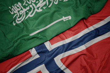 waving colorful flag of norway and national flag of saudi arabia.