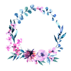 Watercolor Vintage lilac Turquoise Flowers, Wildflowers. Natural Pink Floral Objects isolated on White Background