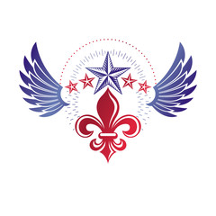Retro winged vintage Insignia created with lily flower and pentagonal stars. Vector product quality idea design element, Fleur-De-Lis.