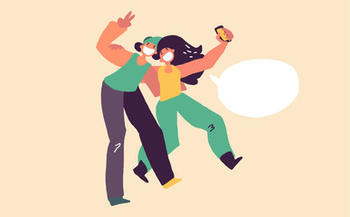 Fototapeta na wymiar Hand drawn vector illustration cartoon cute character, young runner women wearing sport clothes hug doing selfie together jump in air happy. Minimal flat style art.