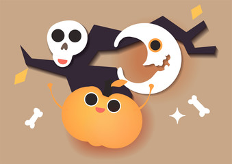 Happy Halloween celebration card. Hand drawn vector illustration cartoon cute kawaii character face, old tree, pumpkin, moon, skull. Minimal style art.