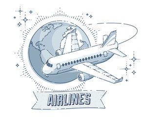 Airlines air travel emblem or illustration with plane airliner, planet earth and ribbon with typing. Beautiful thin line vector isolated over white background.