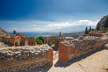Panoramic view of the Greek theater of Taormina in Sicily, Italy.