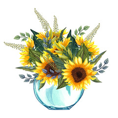 Watercolor glass vase with sunflower bouquet inside, hand drawn isolated on a white background.  Summer yellow  wildflowers bouquet