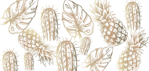 Tropic vintage pattern with pineapple and leaves Vector. Retro shiny design textures