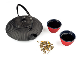 Japanese teapot with red bowl isolated on white background