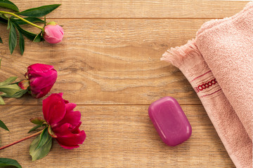 Spa products for facial and body care. Soft terry towel with soap.