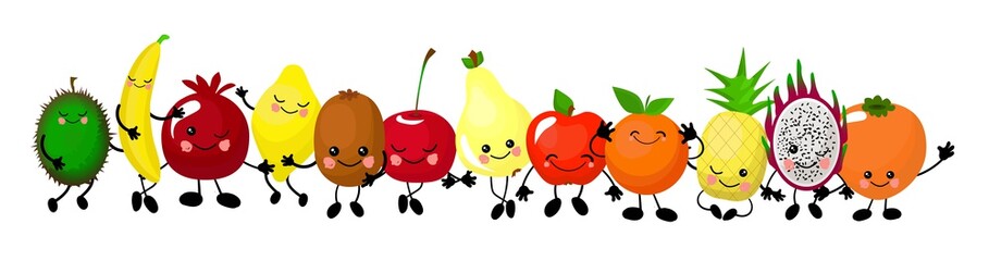 A set of cute fruit. Illustration with funny characters. Love and hearts. Funny food. time fresh. Orange, apple, watermelon, kiwi, carrot, pear, pineapple..