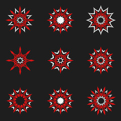 Red and white flower on a black background. Abstract floral decoration for design.