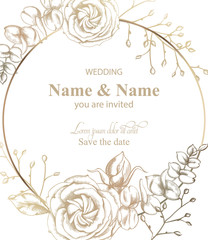 Rose flower round card Vector line art. Vintage retro style wedding invitation or greetings