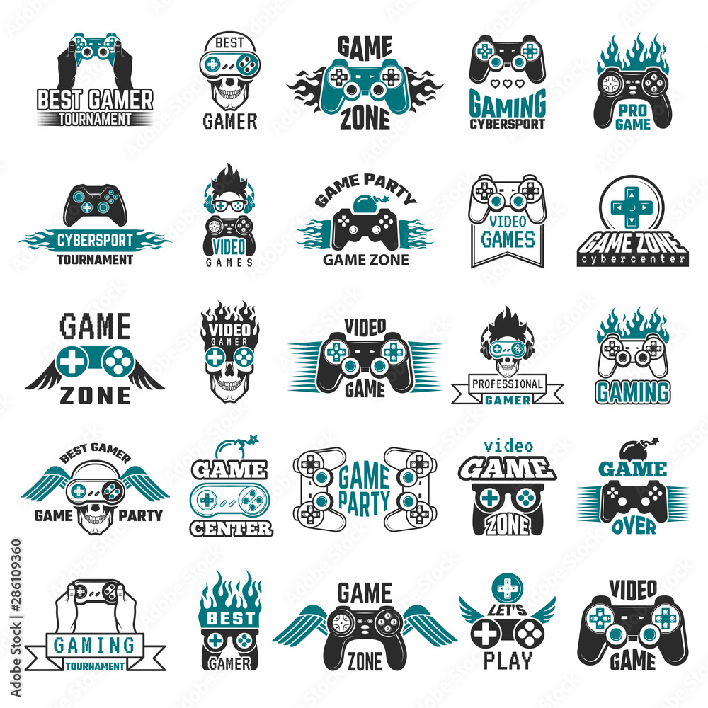 Canvas Prints Video game labels. Gaming console cybersport logo joystick controller symbols of entertainment club vector collection. Illustration badge videogame zone and party, label vintage console gamepad