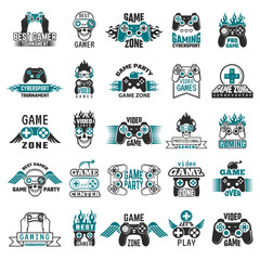 Video game labels. Gaming console cybersport logo joystick controller symbols of entertainment club vector collection. Illustration badge videogame zone and party, label vintage console gamepad © ONYXprj