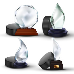 Ice Hockey Game Award Set Vector. Puck, Glass Trophy. Modern Tournament. Design For Promotion. Certificate, Diploma. Event Announcement. Advertising Illustration