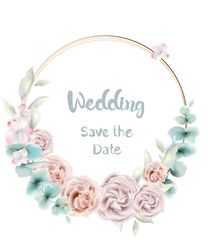 Rose flower round card Vector watercolor. Vintage retro style wedding invitation or greetings