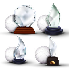 Volleyball Game Award Set Vector. Ball, Glass Trophy. Modern Tournament. Design For Sport Promotion. Certificate, Diploma. Event Announcement. Illustration