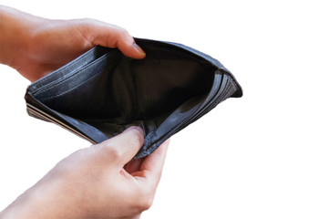 Man hand open an empty wallet on isolated white background with clipping path.Money risk poverty penniless and unemployment concept