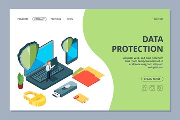 Data protection landing page. Isometric mobile office, security center web page. Data protection center, security cloud technology illustration